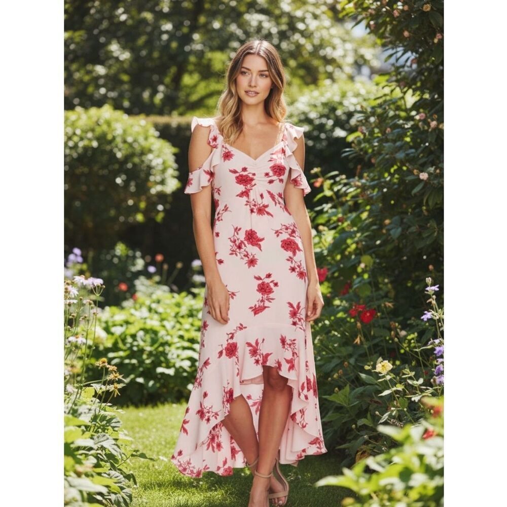 CECE Secret Blush Floral Spring Bouquet Ruffled
Hi Low Maxi Dress Size Large